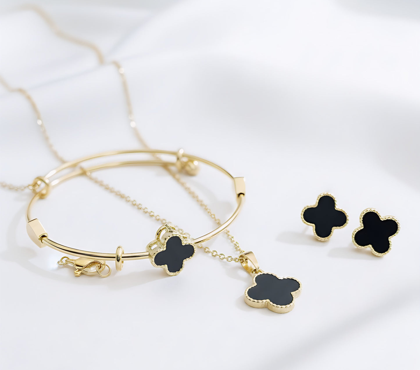 Black Clover Bangle, Necklace & Earrings Set | Gold-Plated Stainless Steel