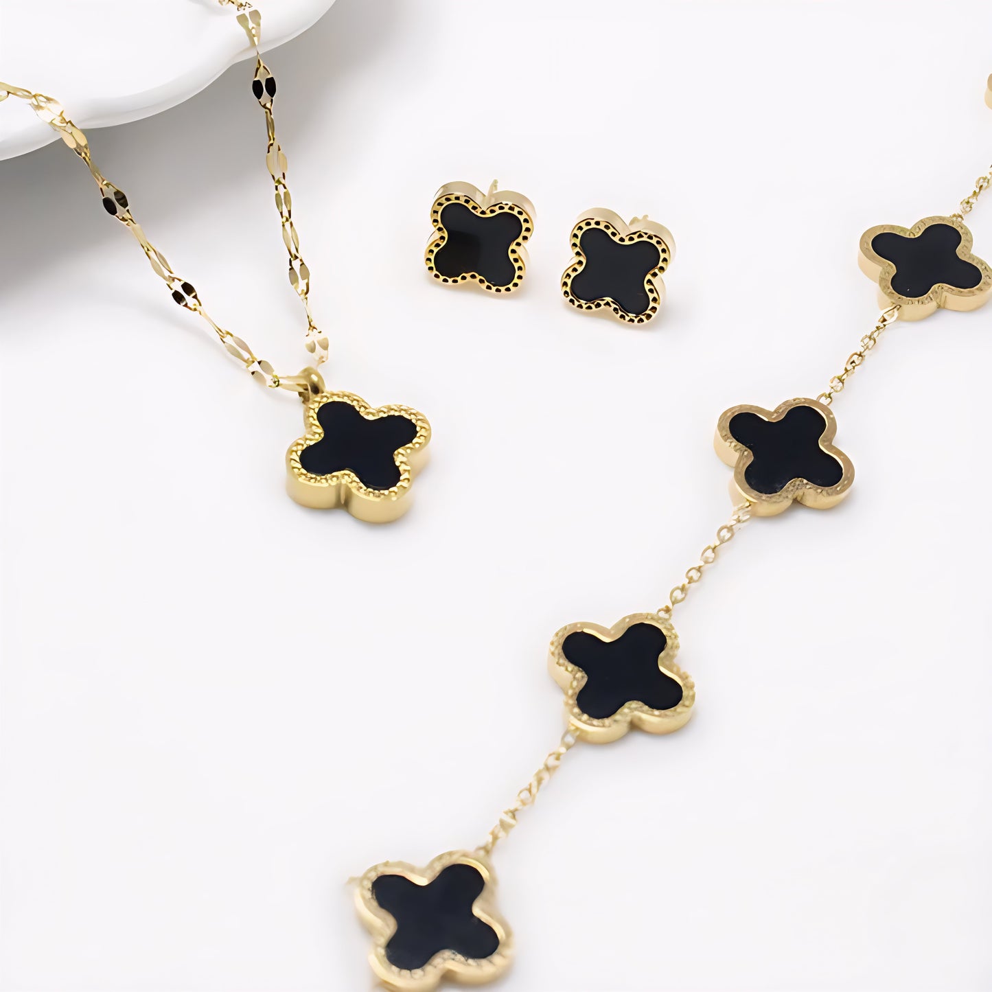 Black Clover Luxury Set: Pendant, Stations Necklace, & Stud Earrings (Stainless Steel)
