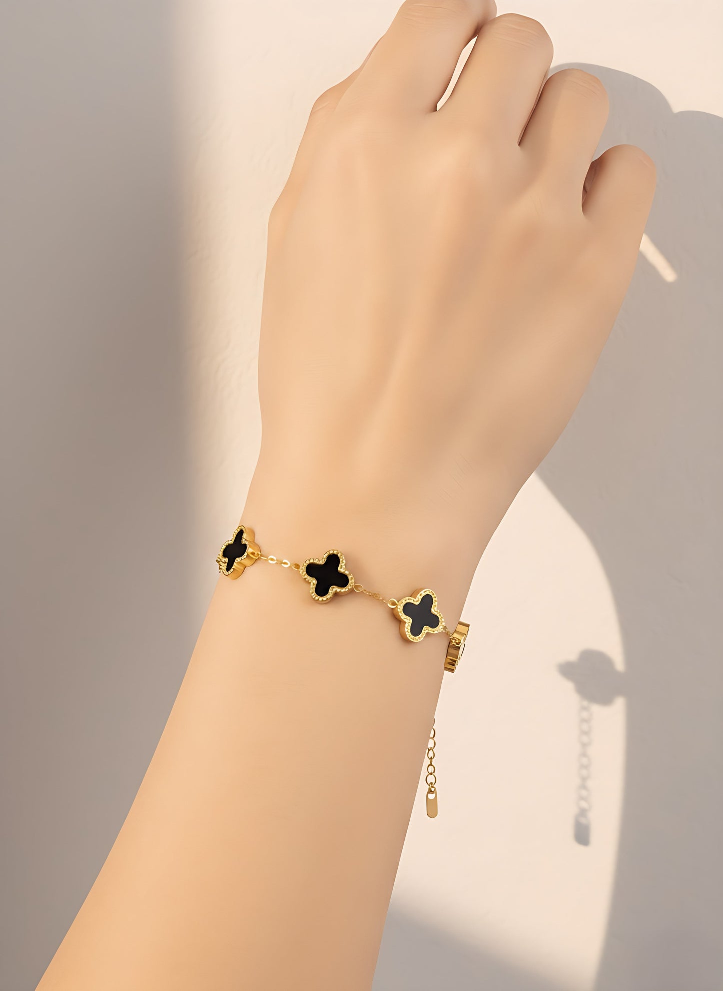 Gold-Plated Stainless Steel Clover Bracelet | Black Onyx Lucky Charm