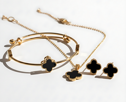 Black Clover Bangle, Necklace & Earrings Set | Gold-Plated Stainless Steel