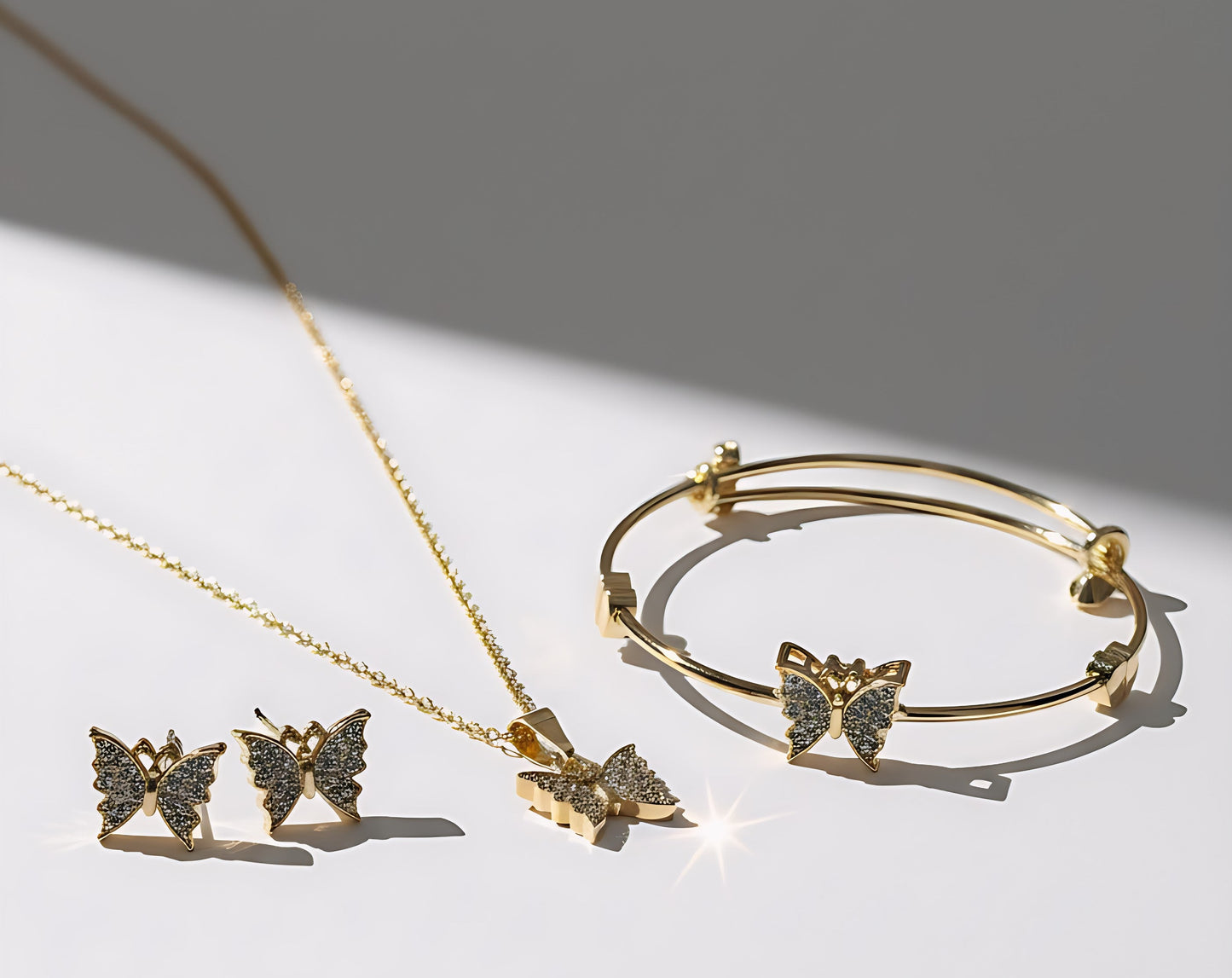 Sparkling Butterfly Gold-Plated Stainless Steel Necklace, Bangle & Earrings Set
