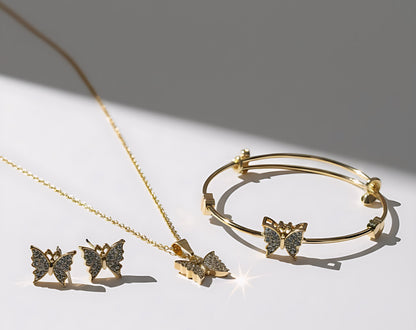 Sparkling Butterfly Gold-Plated Stainless Steel Necklace, Bangle & Earrings Set