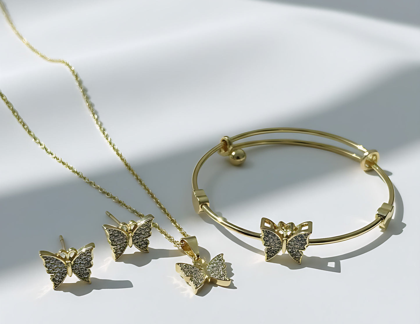 Sparkling Butterfly Gold-Plated Stainless Steel Necklace, Bangle & Earrings Set