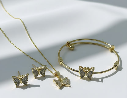 Sparkling Butterfly Gold-Plated Stainless Steel Necklace, Bangle & Earrings Set