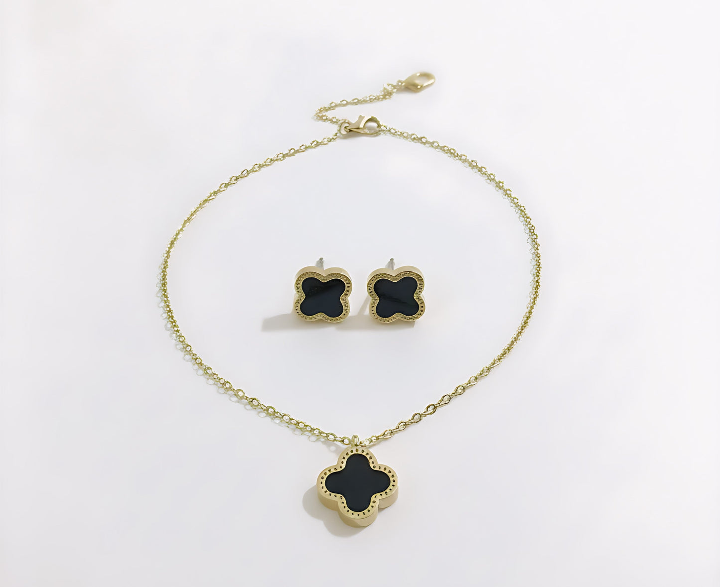 Leaf Clover Necklace and Studs Set | Black Enamel Stainless Steel