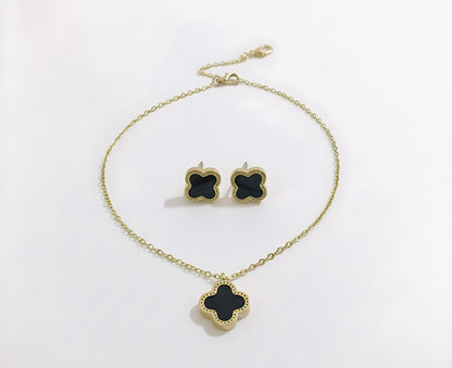 Leaf Clover Necklace and Studs Set | Black Enamel Stainless Steel