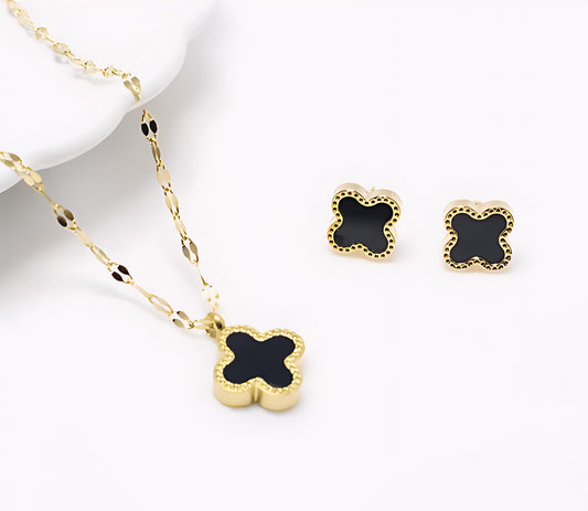 Leaf Clover Necklace and Studs Set | Black Enamel Stainless Steel
