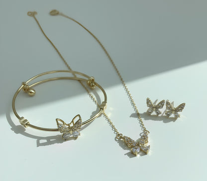 Elegant CZ Crystal Butterfly Necklace, Bangle & Earrings Set (Stainless Steel)