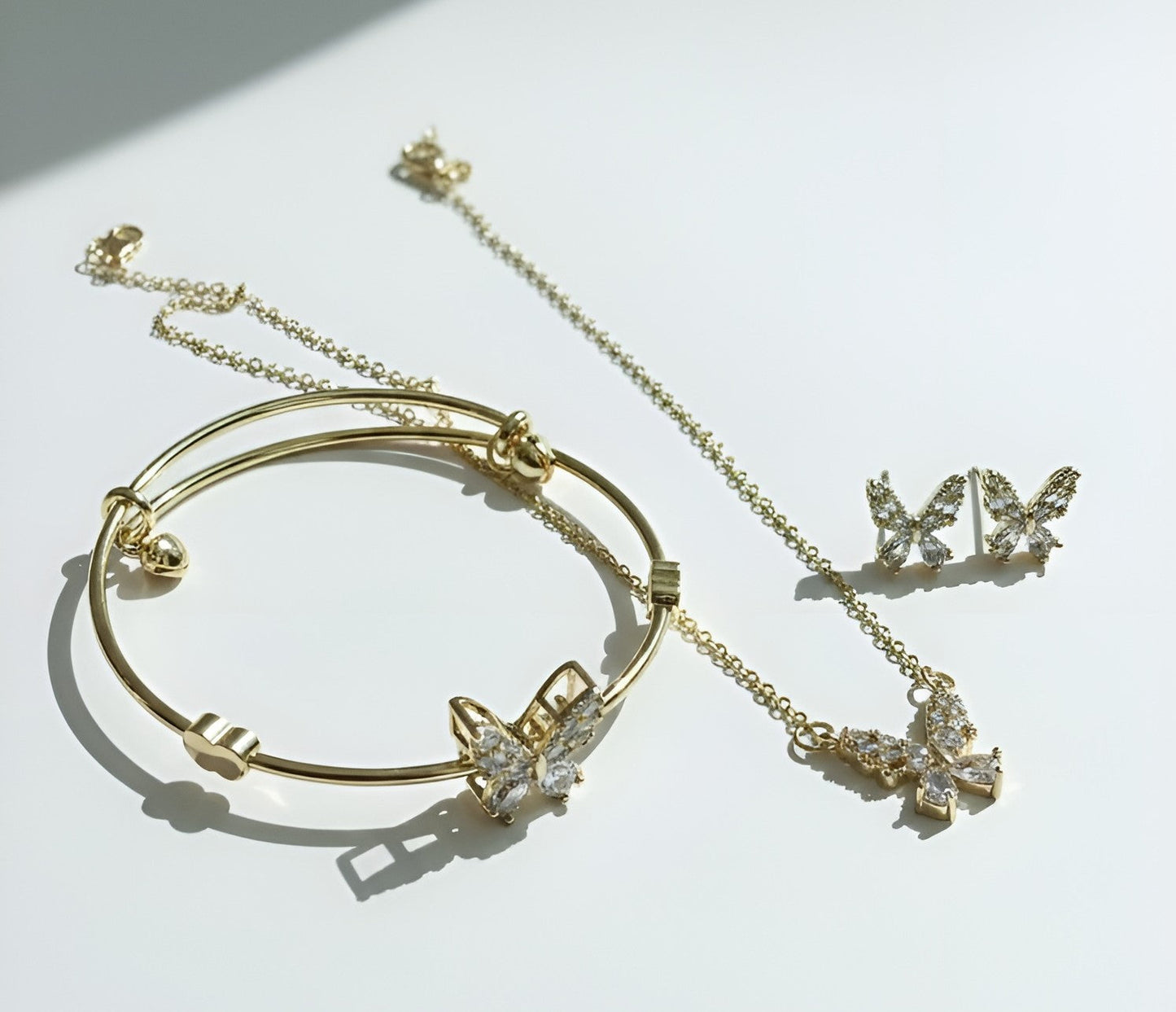 Elegant CZ Crystal Butterfly Necklace, Bangle & Earrings Set (Stainless Steel)