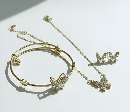 Elegant CZ Crystal Butterfly Necklace, Bangle & Earrings Set (Stainless Steel)