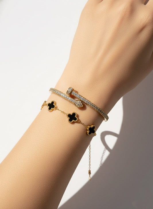 Luxury Stackable Bracelet Set: CZ Nail Bangle & Black Clover Chain (Stainless Steel)