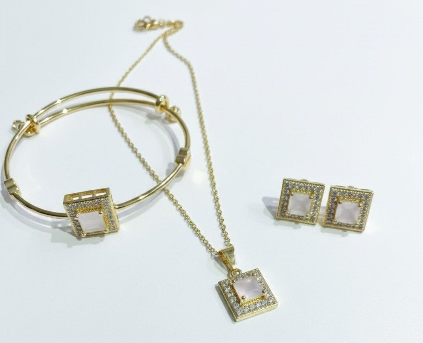 Gold-Plated Stainless Steel Square Pendant, Bangle & Studs Set