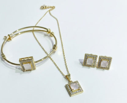 Gold-Plated Stainless Steel Square Pendant, Bangle & Studs Set