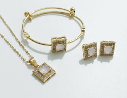 Gold-Plated Stainless Steel Square Pendant, Bangle & Studs Set