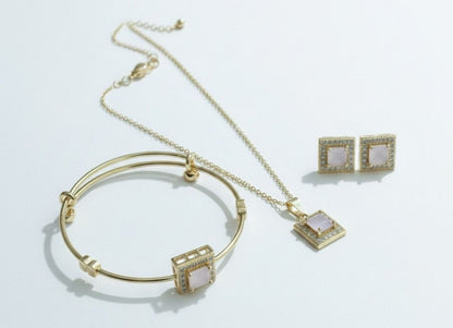 Gold-Plated Stainless Steel Square Pendant, Bangle & Studs Set