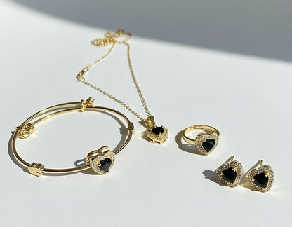 4-Piece Gold-Plated Stainless Steel Heart Jewelry Set with Black Stone Accents